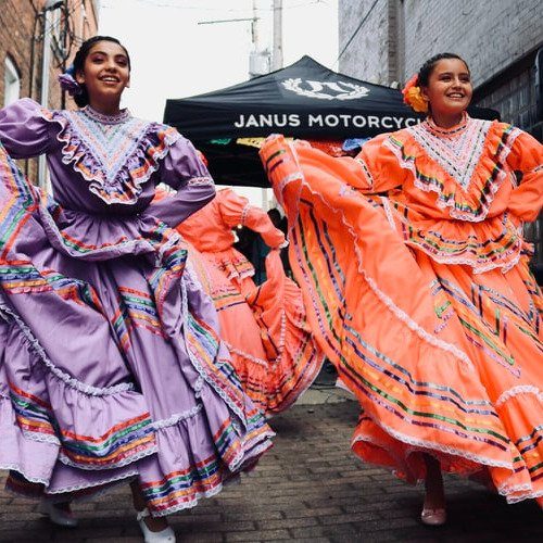 Two girls dancing the traditional Mexican dance